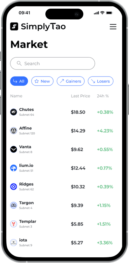 SimplyTao mobile app showing Bittensor subnet market prices and AI token trading interface